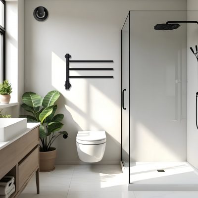 White minimal bathroom with mirror and shower with greenery vase White minimal bathroom with mirror and shower with greenery vase